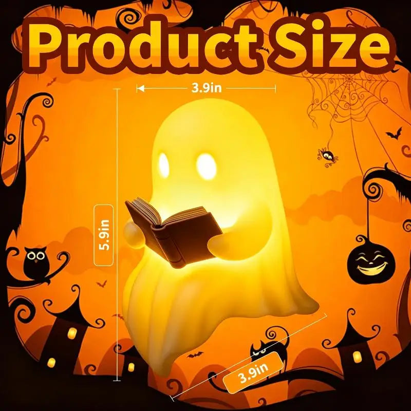 Halloween Party Favor Decoration Cute Ghost Reading Book Lamp Warm Light Desktop Ornament for Kids Room Desk Decor