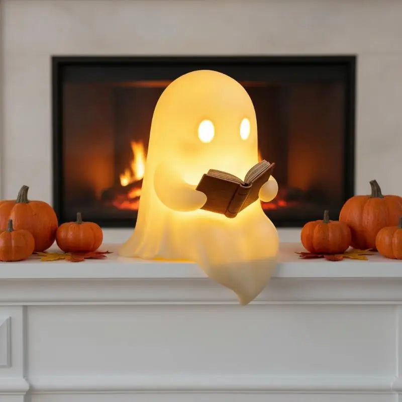 Halloween Party Favor Decoration Cute Ghost Reading Book Lamp Warm Light Desktop Ornament for Kids Room Desk Decor