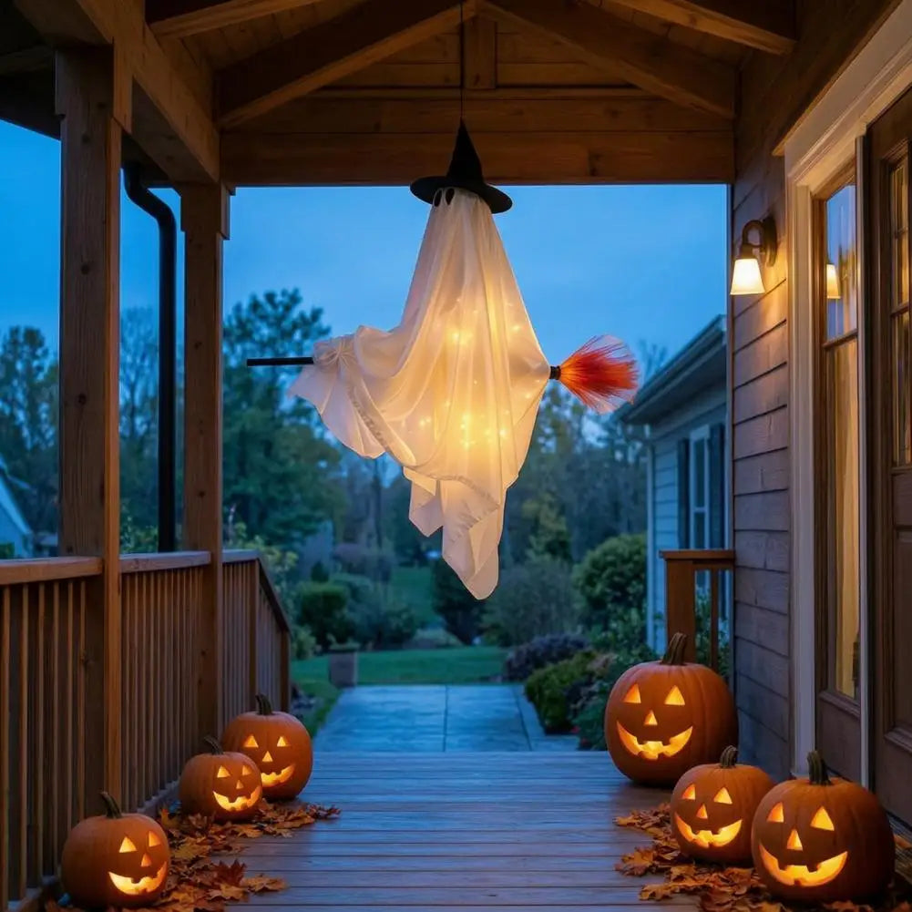 Halloween Hanging Ghost Decorations Cute Ghost Ornament Hanging Ghost with Broom Halloween Decoration Flying Witch for Haunted