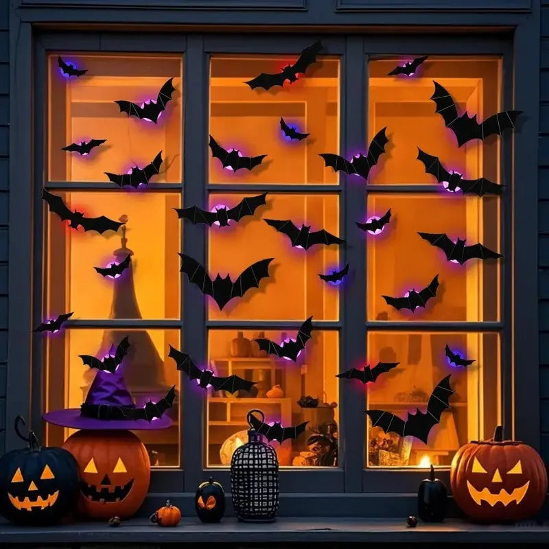 Halloween Decorations  3D LED Lighted Bats with Purple Green Lights, Waterproof Window Stickers for Indoor Outdoor Scary Decor