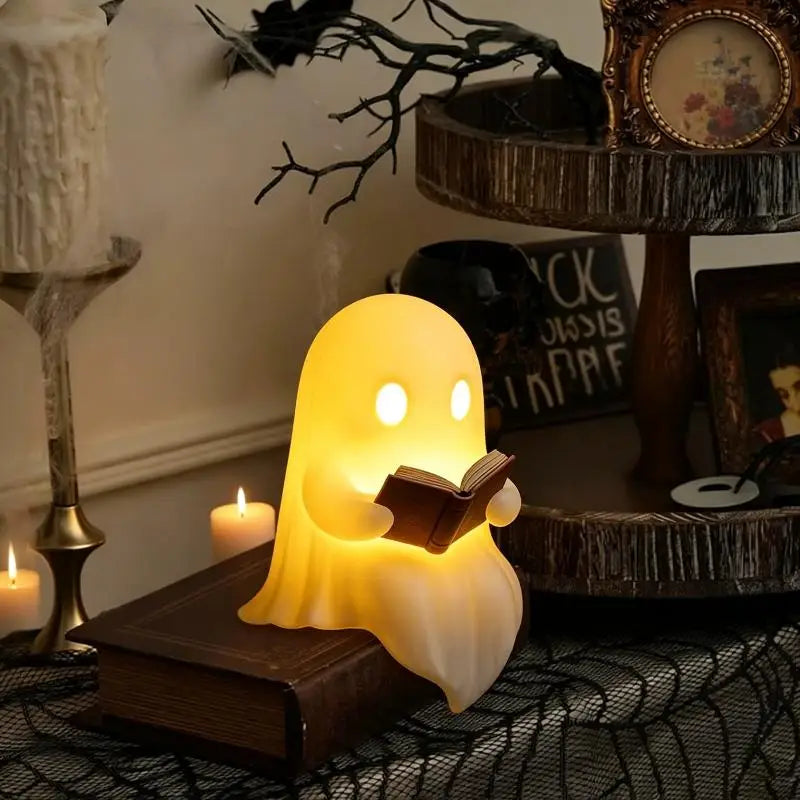 Halloween Party Favor Decoration Cute Ghost Reading Book Lamp Warm Light Desktop Ornament for Kids Room Desk Decor
