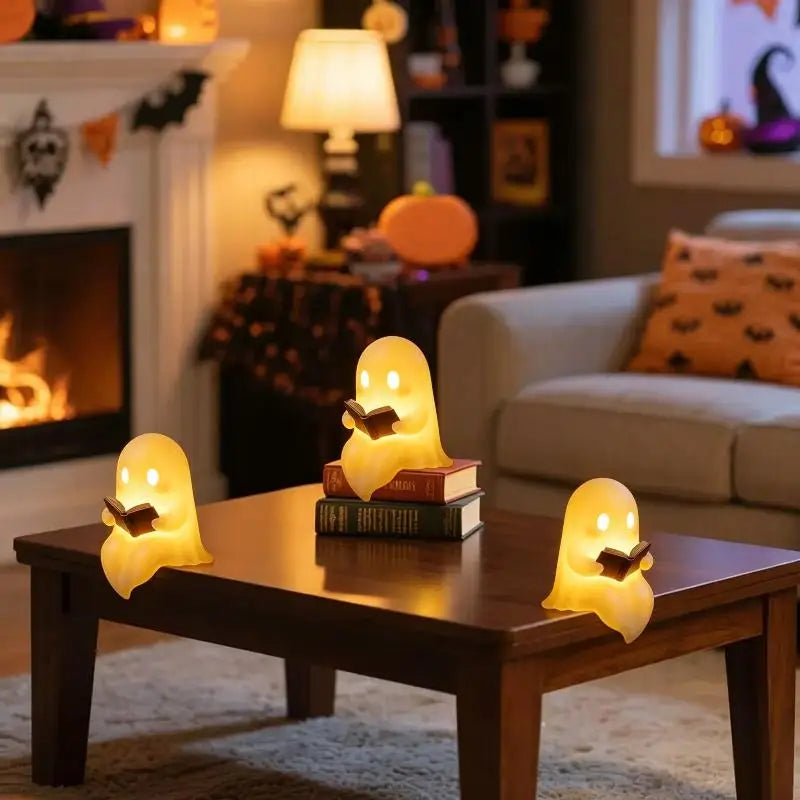 Halloween Party Favor Decoration Cute Ghost Reading Book Lamp Warm Light Desktop Ornament for Kids Room Desk Decor