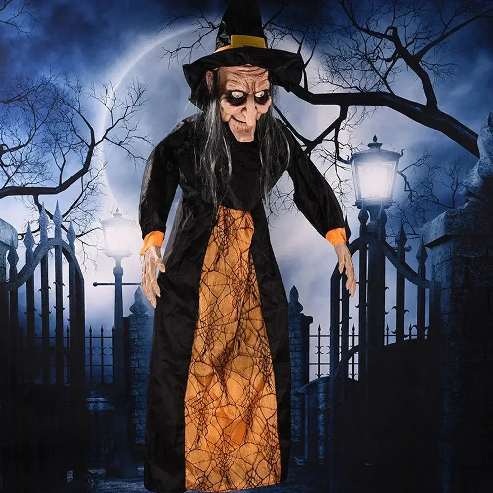 Halloween Decor Talking Witch Outdoor Spooky Animatronic Witch Decor Prop Red Eye Animated Witch Home Festival Decor