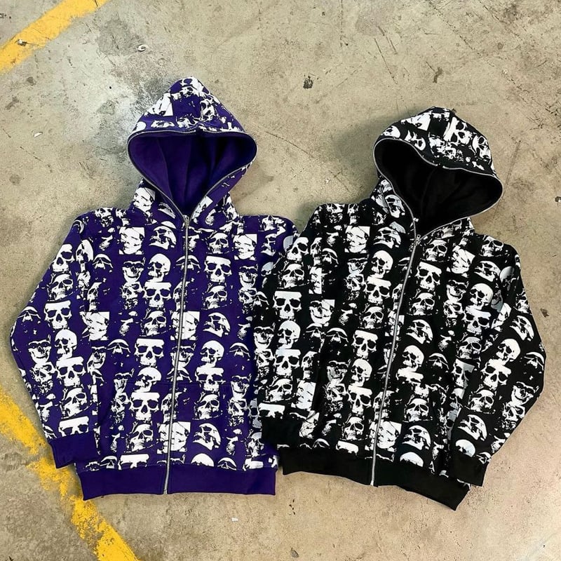 Skull Printed Zipper Street Hoodie