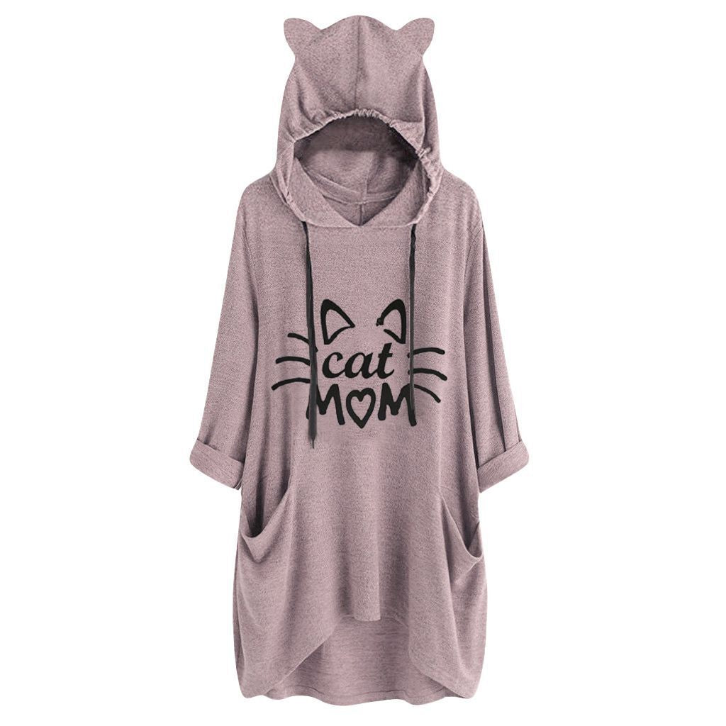 Cat Ear Plus Size Hoodie with Print for Women