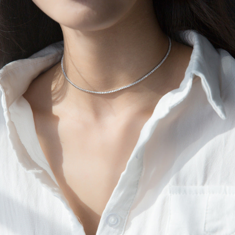 S925 Silver Choker Necklace with Diamond Accents D3397
