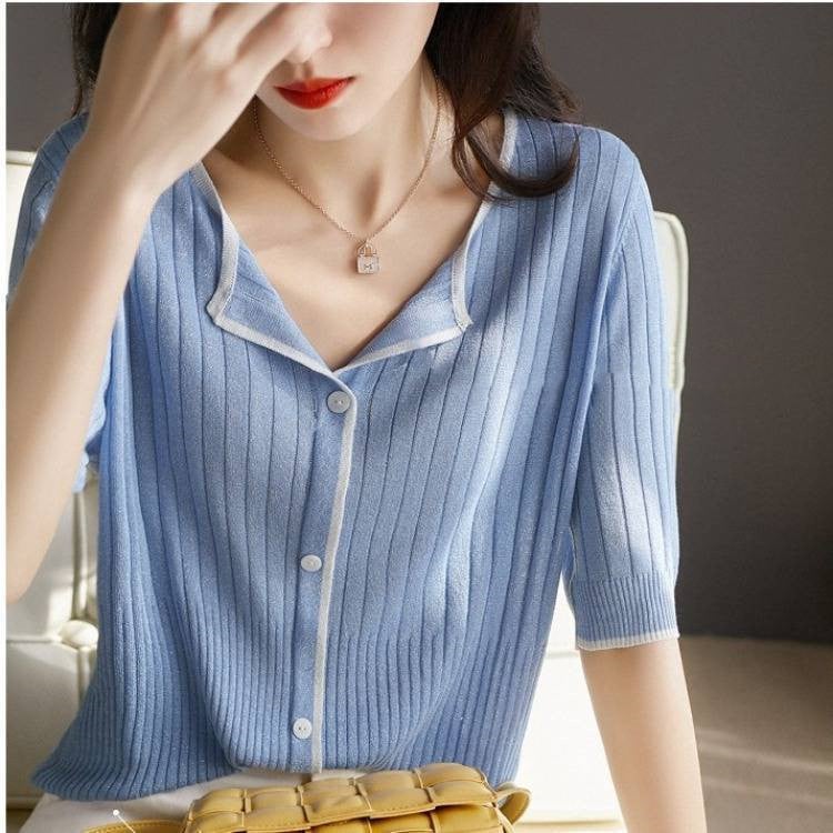 Ice Silk Knit Loose V-Neck Mid-Sleeve Cardigan Top