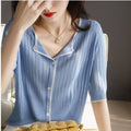 Ice Silk Knit Loose V-Neck Mid-Sleeve Cardigan Top