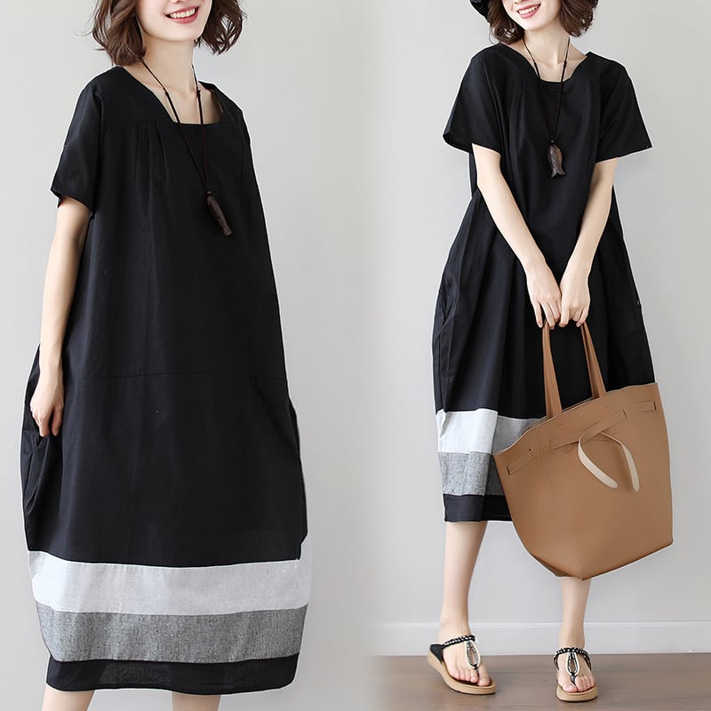 Plus Size Cotton Linen Short Sleeve Midi Dress