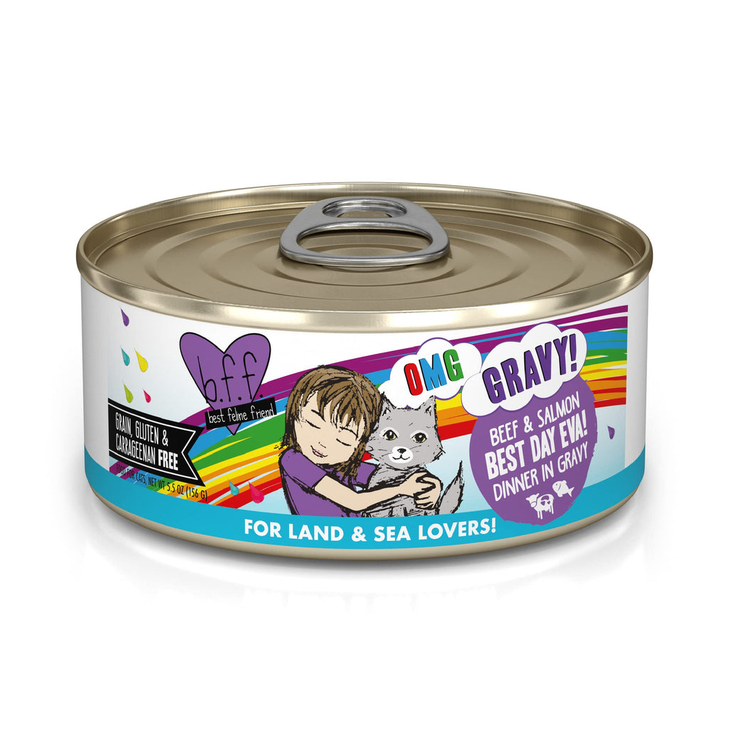 Weruva B.F.F. OMG - Best Feline Friend Oh My Gravy! Best Day Eva! with Beef & Salmon in Gravy Cat Food 5.5oz Can (Pack of 8)