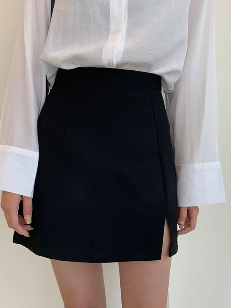 High-Waisted Split A-Line Skirt for Women (Black)