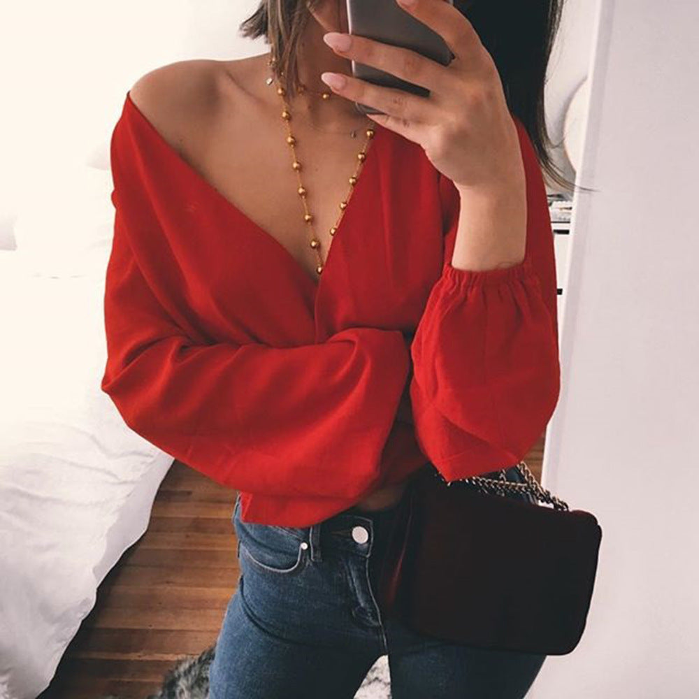 Backless V-Neck Long Sleeve Chiffon Blouse